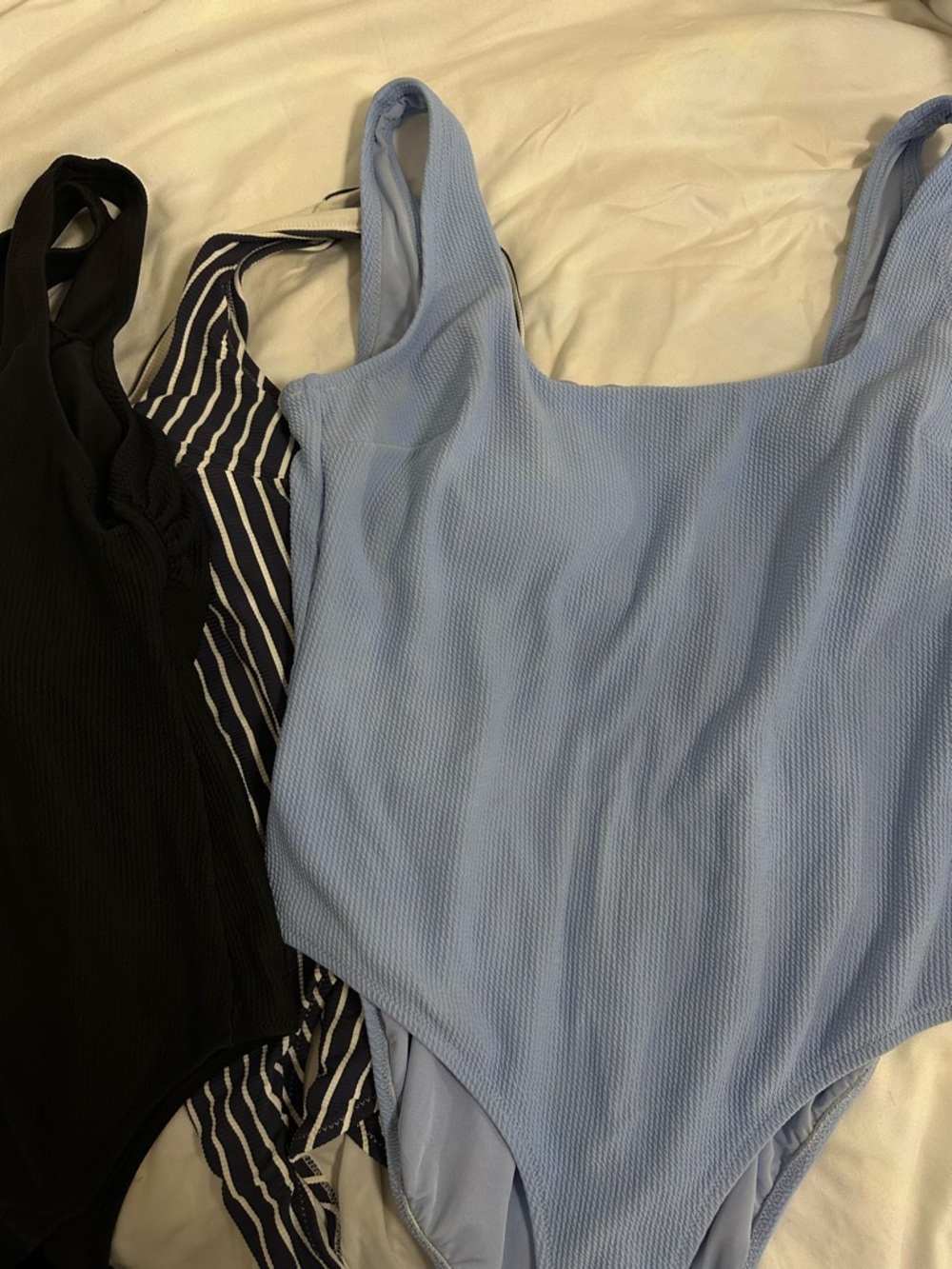 Light Blue, black and navy striped Ribbed Square-Neck Swimsuit